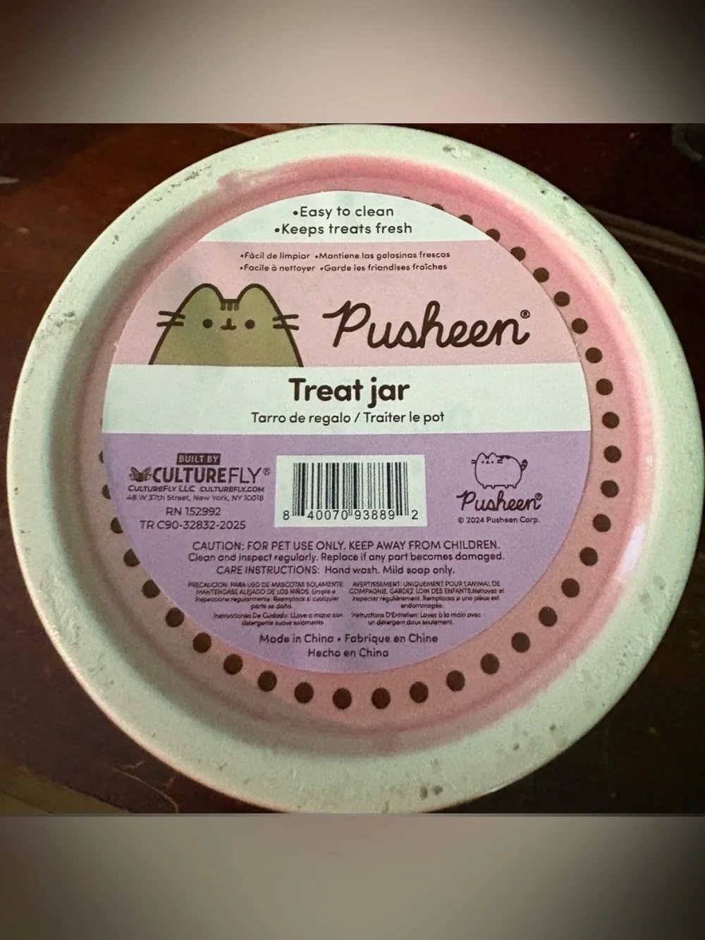 Pusheen Pink Ceramic Pet Treat Canister with Lid NEW